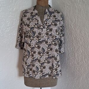 Womens White and Navy Floral V-Neck Blouse